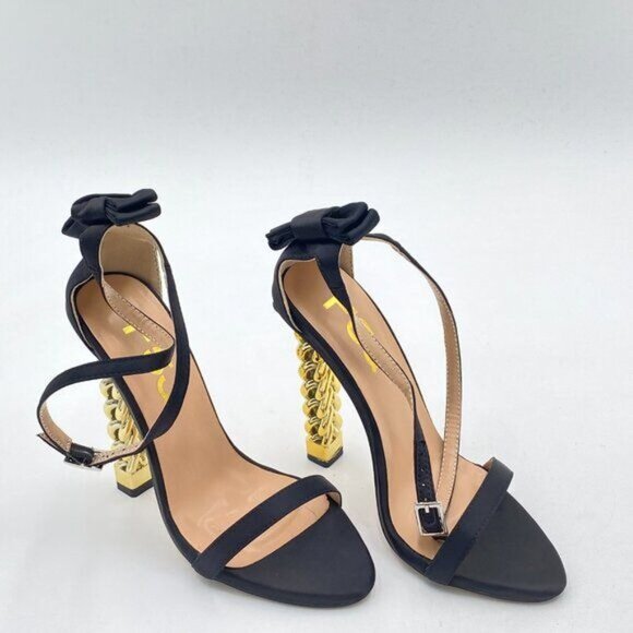 FSJ Black Bows Gold Metal Chain Chunky High Heels Ankle Strap Open Toe Sandals - Picture 4 of 8